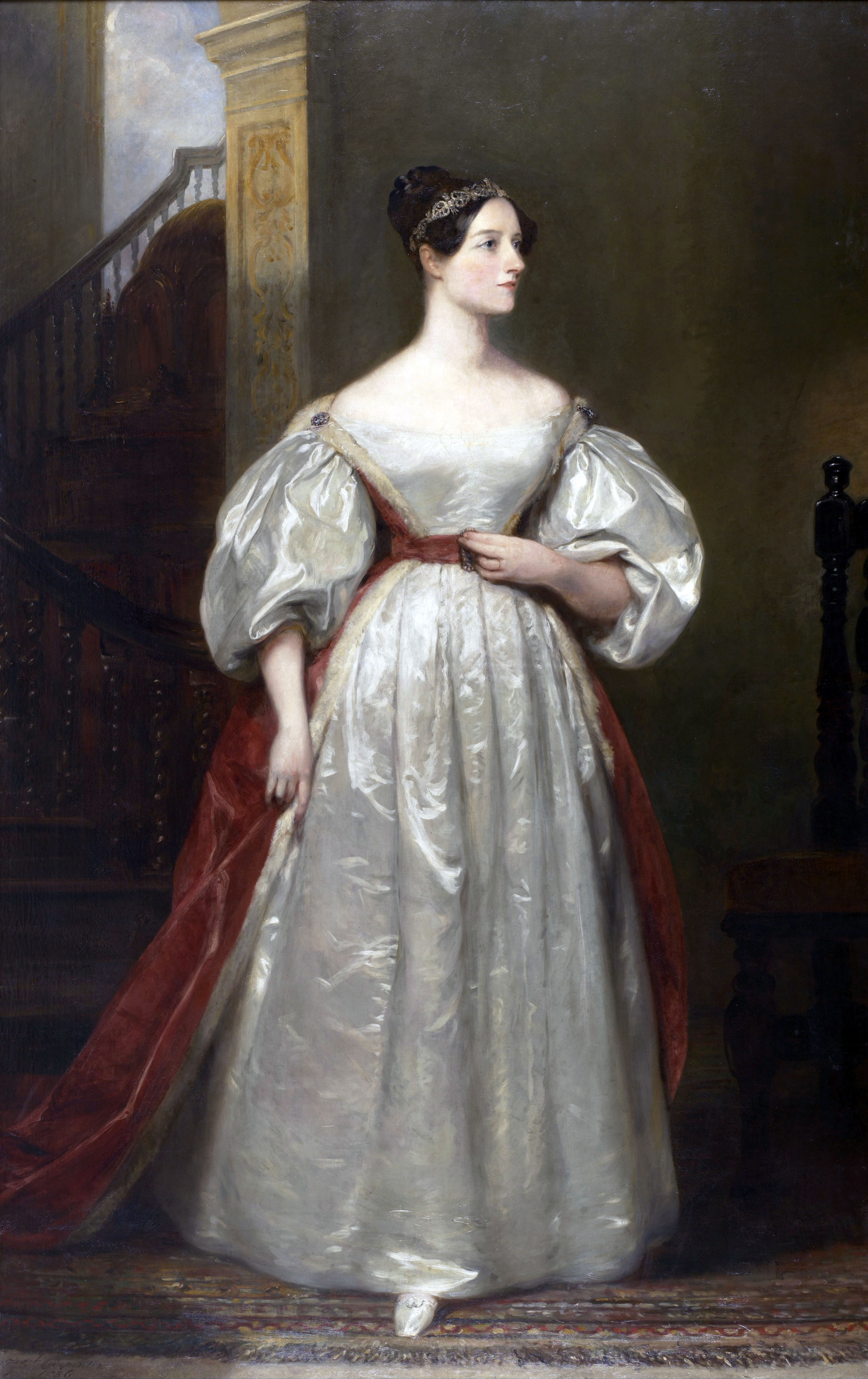 Painted full-length portrait of Ada Lovelace in a white dress.