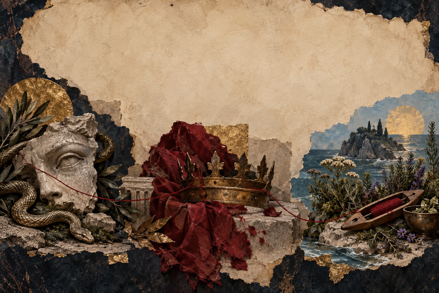 Original collage of a stone face and serpent, a crown beside red cloth, and an island garden joined by red thread.